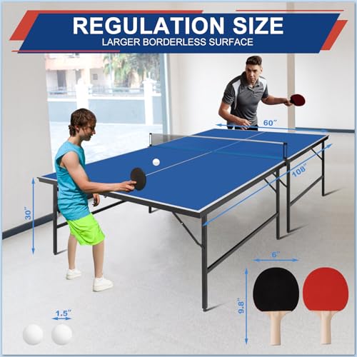 Portable Ping Pong Table, Foldable Indoor Table Tennis Game with 2 Paddles 2 Balls and Net, Quick Assembly Folding Table for Adults and Teens Home Game Room - color: 9ft-blue