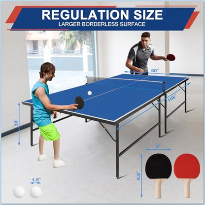 Portable Ping Pong Table, Foldable Indoor Table Tennis Game with 2 Paddles 2 Balls and Net, Quick Assembly Folding Table for Adults and Teens Home Game Room - color: 9ft-blue