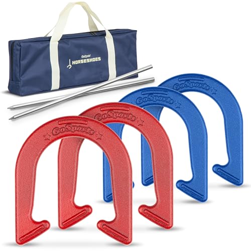 GoSports Steel Horseshoes Outdoor Game Set - Gold & Silver or Red & Blue - Official Size and Weight - color: Red & Blue