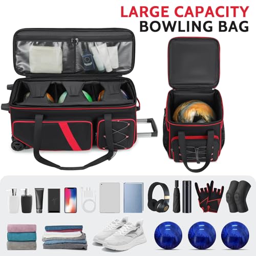 4 Ball Bowling Bag with Wheels, 3 Ball Bowling Bags Roller with 1 Ball Add On Bag, Multi-Pockets & Shoe Compartment (Fits Up to Size 16) - color: Red