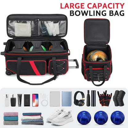 4 Ball Bowling Bag with Wheels, 3 Ball Bowling Bags Roller with 1 Ball Add On Bag, Multi-Pockets & Shoe Compartment (Fits Up to Size 16) - color: Red