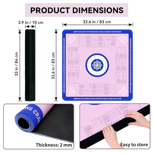32x32 Non-Slip Noise Reduction Mahjong Mat with Rules for Learning | Pink & Blue Portable Rubber Mahjong Table Cover with Bag for Poker Board Games Cards Tiles & Dominoes - color: Pink & Blue