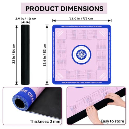 32x32 Non-Slip Noise Reduction Mahjong Mat with Rules for Learning | Pink & Blue Portable Rubber Mahjong Table Cover with Bag for Poker Board Games Cards Tiles & Dominoes - color: Pink & Blue