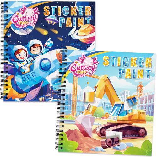 2PCS Paint by Number Sticker Book - Kids Crafts & Acitivity Puzzles Book for Ages 4-10,Mess-Free Travel Toys for Road Trip & Airplane,Perfect Gifts & Basket Stuffers for Kids - color: Vehicle,space
