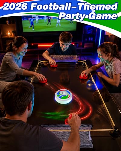 Rechargeable Tabletop Air Hockey Game with Soccer-Style LED Hover Puck, Table Top Hockey Game with Elastic Band Rebound Boundaries, 2-4 Player Indoor Table Game, Soccer Gift Idea for Family & Friends