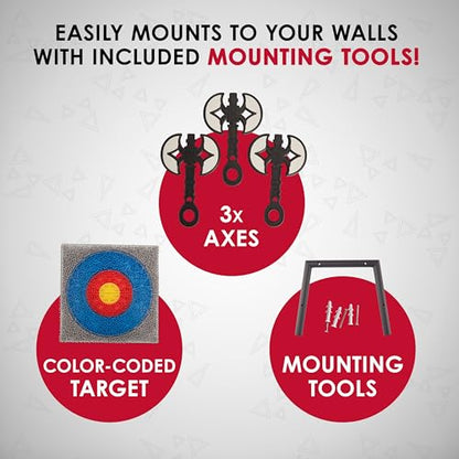 Jumbl Wall-Mounted Axe Throwing Game Set with Bristle Target and 3 Foam Axes, Indoor Safe Play for Adults, Teens, and Kids, Game Room Wall Decor for Basements, Man Caves, Bars, and Family Game Nights