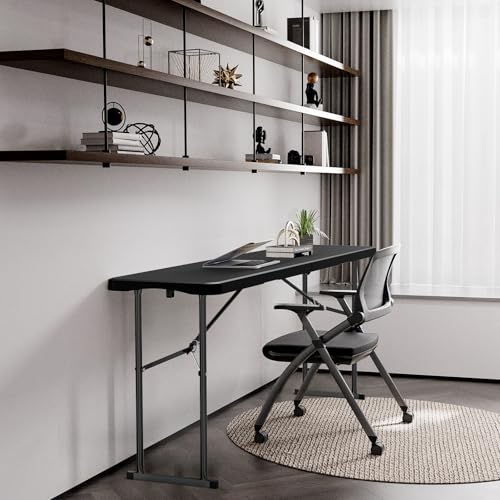 VINGLI 6 FT Narrow Folding Table, Tabletop Folded in Half, Premium Quality HDPE Material and Sturdy Metal Frame, Perfect for Buffet, Seminar, Party, Training, Home Work, Black - color: Black