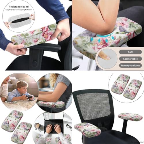 Pink Floral Butterfly Computer Chair Cover 4-Piece Set with Armrest Pads Easy to Clean Desk Chair Covers for Home and Rotating Chairs - color: Pink Floral Butterfly