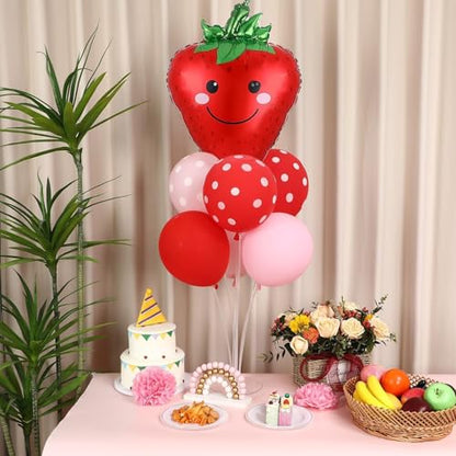 Strawberry Party Balloons Stand Kit 2 Sets with 2 Strawberries Foil Balloons Sweet Strawberry 1st Party Balloon Centerpieces for Tables for Girls Strawberries Birthday Themed Decorations - style: Strawberry