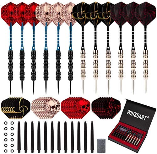 WINSDART Darts Metal Tip Set Professional Metal Darts for Dartboard Steel Tip Darts with Nonslip Iron Barrel Aluminum Dart Shafts,Extra Flights,Dart Sharpener,Gift Box - style: Skull Laser Darts Set