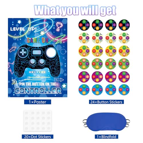WERNNSAI Pin The Button on The Game Controller - Video Game Birthday Decorations for Boy Kids Gaming Party Decorations Poster with 24 Stickers Gaming Night Birthday Wall Home Room Decorations - style: Video Game C