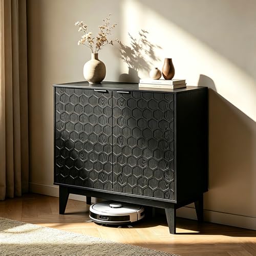 Black Sideboard Cabinet with LED Lights, 2-Door Accent Storage Cabinet with Hexagon Embossed Door, Freestanding Buffet Cabinet for Living Room, Kitchen, Entryway, 31.5" x 15.8" x 31.5"