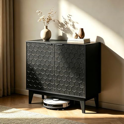 Black Sideboard Cabinet with LED Lights, 2-Door Accent Storage Cabinet with Hexagon Embossed Door, Freestanding Buffet Cabinet for Living Room, Kitchen, Entryway, 31.5" x 15.8" x 31.5"