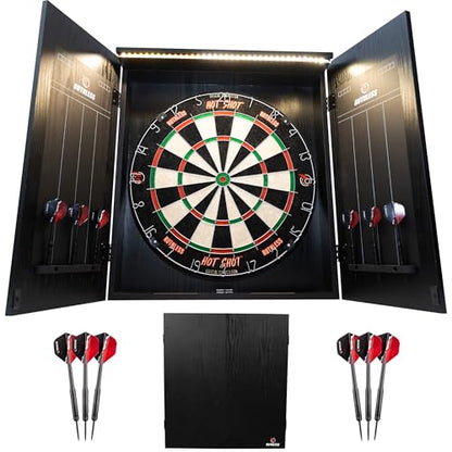 Ruthless Home Darts Centre with or Without LED Light Options | Home Dart Board Centre Including Cabinet, Dartboard and 2 Sets of Darts. - style: Black + LED Light