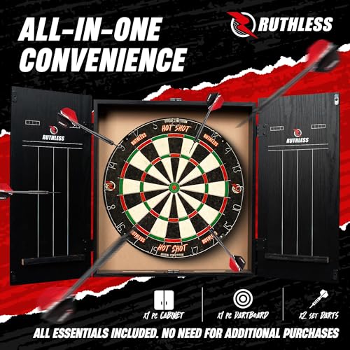 Ruthless Home Darts Centre with or Without LED Light Options | Home Dart Board Centre Including Cabinet, Dartboard and 2 Sets of Darts. - style: Black