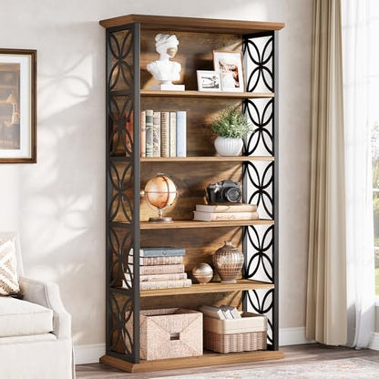 Tribesigns 6-Tier Tall Bookshelf, 71" Industrial Bookcase with Metal Frame, Freestanding Open Storage Shelves for Home Office, Living Room, Bedroom - color: Rustic Brown