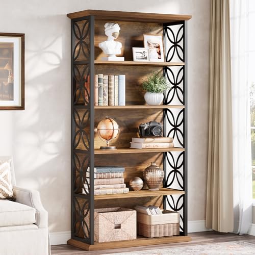Tribesigns 6-Tier Tall Bookshelf, 71" Industrial Bookcase with Metal Frame, Freestanding Open Storage Shelves for Home Office, Living Room, Bedroom - color: Rustic Brown