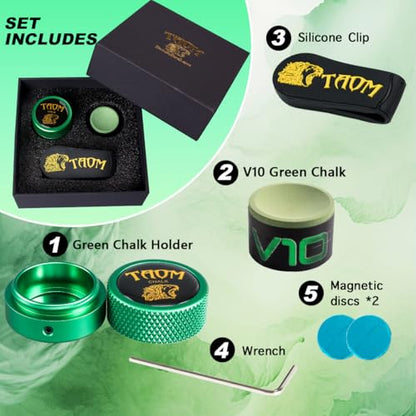 TAOM Upgrade Pool Chalk Holder Round Shaped Practical Tool Billiards Accessories Magnetic Mini Chalk Tip Case Container Round Box Billiards,Cue Tip Tool Scuffer Shaper - color: 1-Gift Set-Green with V10 Green