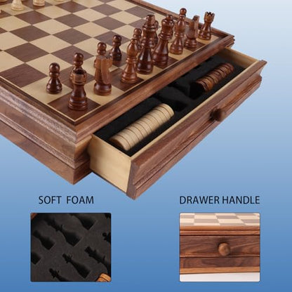 GSE Games & Sports Expert 15" Large Wooden 2-in-1 Chess & Checkers Board Game Combo Set with Drawer, Board Games Chess Checker Set for Kids & Adults