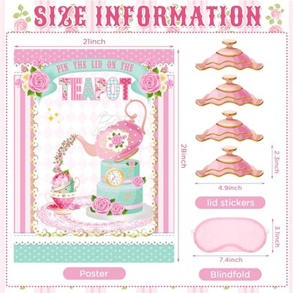 Faccito Tea Party Games Pin The Lid on The Teapot with 24 Lid Stickers Pink Blindfold Floral Poster Pin Games Set Birthday Decorations for Women Let's Par Tea Birthday Party Activity Supplies - style: Tea