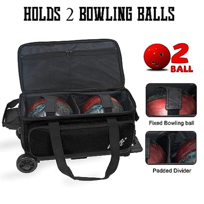 WOLT Double Roller 2 Ball Bowling Bag with Separate Shoe Compartment, Large Capacity Bowling Ball Bag with Accessory Pocket, Retractable Handle Extends to 40" - color: Black