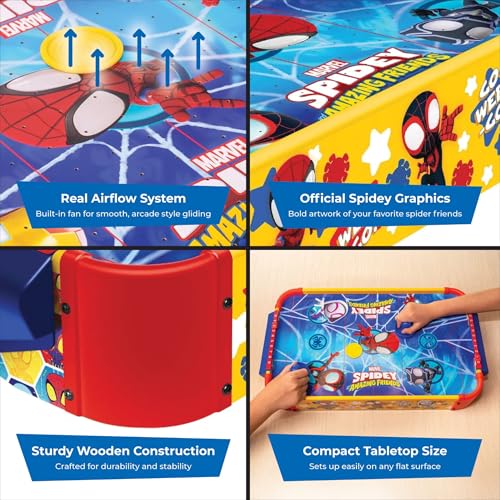 Marvel Spidey and His Amazing Friends Kids Air Hockey Table - Tabletop Game with Puck, Pushers & Air Flow System - Spiderman Toys for Kids 4+