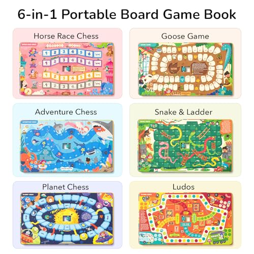 Mideer 6-in-1 Magnetic Travel Games for Kids Ages 3-8, Portable Board Game Book Set - Snakes Ladders, Ludo & More, Travel Essentials for Road Trip Airplane Camping, Educational Toys, Idea
