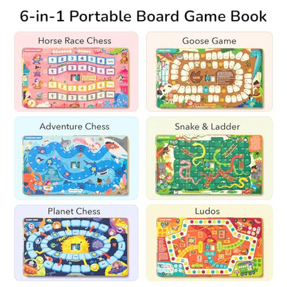 Mideer 6-in-1 Magnetic Travel Games for Kids Ages 3-8, Portable Board Game Book Set - Snakes Ladders, Ludo & More, Travel Essentials for Road Trip Airplane Camping, Educational Toys, Idea