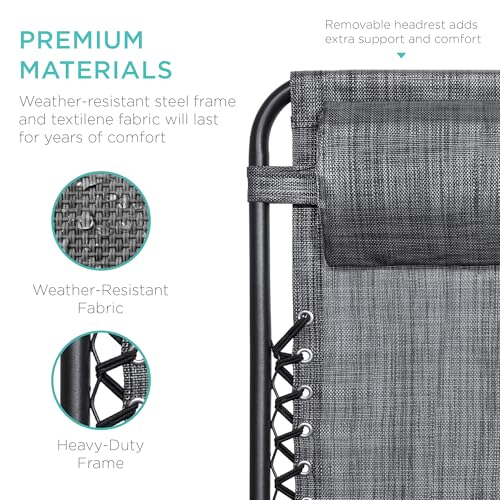 Best Choice Products Set of 2 Adjustable Steel Mesh Zero Gravity Lounge Chair Recliners w/Pillows and Cup Holder Trays - Gray - color: Grey, size: Standard