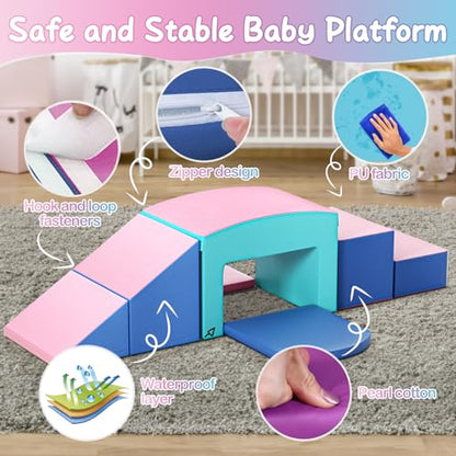 Crawl and Climb Foam Play Set, 6 Pcs Climbing Toys for Toddlers 1-3, Climb and Crawl Activity Playset, Soft Play Equipment Crawling and Sliding (Blue&Pink) 6 peices - color: Pink&blue