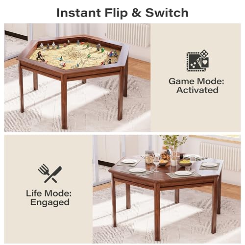 LAUSAINT HOME Board Game Table, 59" Hexagon Gaming Table with Removable Table Top & Play Mat for 6 Players, Includes Detachable Cup Holders and Trays for Dining, Card, DND, Poker in Walnut - size: Hex Table