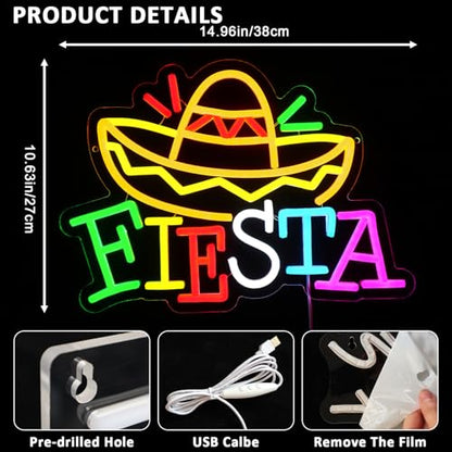 Fiesta Neon Sign for Wall Decor, Mexican Led Signs for Fiesta Party, USB Dimmable Religious Neon Lights for Taco Bar Restaurant Kitchen Gathering Church Home Bar Celebration Decoration - style: Fiesta