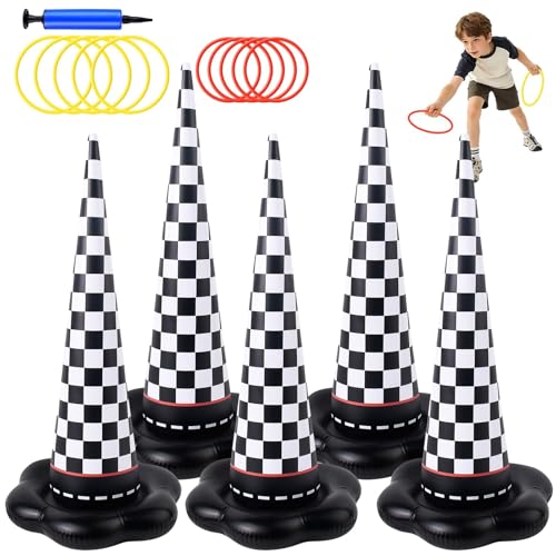 5 Pack Inflatable Ring Toss Games for Kids - Black Checkered Racing Themed Party Games Set with 10 Plastic Rings and Pump, Indoor Outdoor Carnival Garden Toy & Party Favors - color: Black White