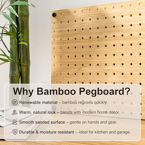VOIMO Bamboo Pegboard Organizer Set, 6 Panels (16"x12") with 48 Hooks – Eco-Friendly Wall Mounted Storage Rack for Tools, Crafts & Office – Natural Bamboo Pegboard System with Accessories - size: 16'' X 12'' (6 Panels)