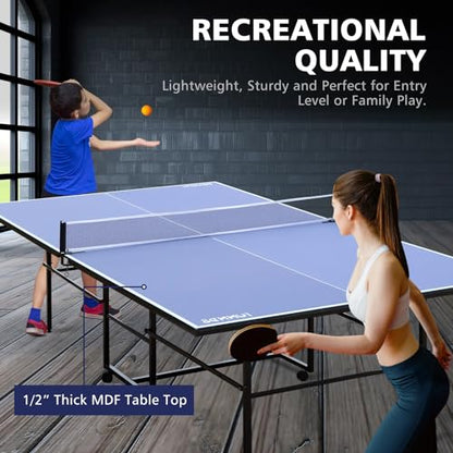 4/6/8/9 ft Professional Table Tennis Table Ping-Pong Tables Set Foldable & Portable Tables with Removable Net 2 Table Tennis Paddles and 3 Balls Easy Assembly - color: Blue, size: 9 Ft