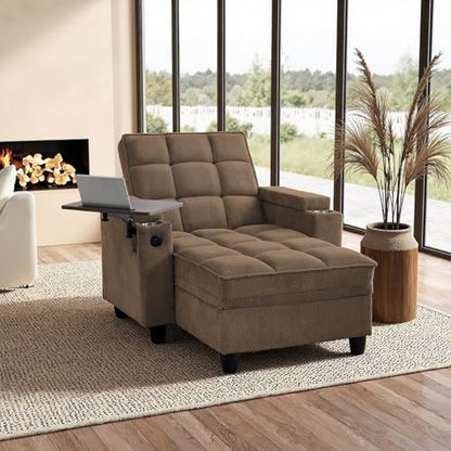 oaaktu Modern Tufted Linen Fabric Chaise Lounge Sofa Chair with Rotating Side Table,Storage,Pillow,USB Charging Ports and Adjustable Backrest Perfect for Living Room, Small Spaces (Coffee) - color: 12coffee
