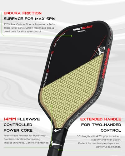 Nightblade Raw Carbon Fiber Pickleball Paddle, Foam Filled Polymer Honeycomb Core, UPA-A & USAPA Approved, Endura Friction Surface, Long Handle for Two Handed Backhand, Enhanced Impact Feel & Spin - style: 16mm