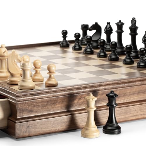 A&A 15 inch Walnut Wooden Chess Set with Storage Drawer, Triple Weighted Pieces, 3.0 inch King Height, Walnut & Maple Inlay, 2 Extra Queen, Classic 2 in 1 Chess and Checkers Board Game