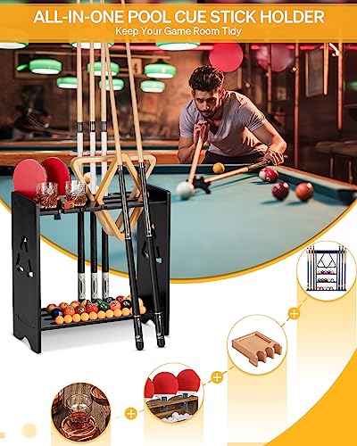 EXTCCT Pool Cue Stick Holder - Floor Stand Billiards Rack Oak Solid Wooden Holds 9 Cues and Pool Table Accessories Organizer - color: Cup Slots - Black