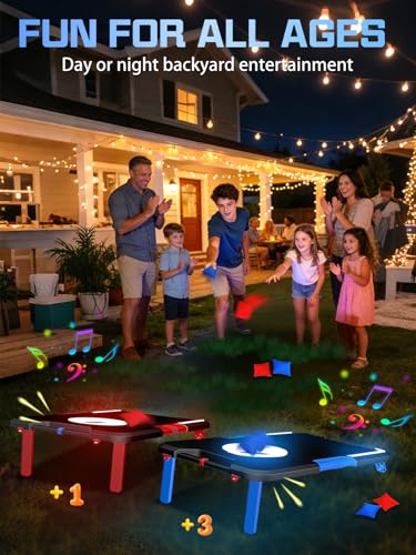 LED Light Up Kids Cornhole Board Set with Scoring & Sound Effects, 3-in-1 Portable Kids Bean Bag Toss Game for Adults & Family, Foldable Outdoor Toys for Backyard, Camping, Party (2 Boards, 8 Bags)