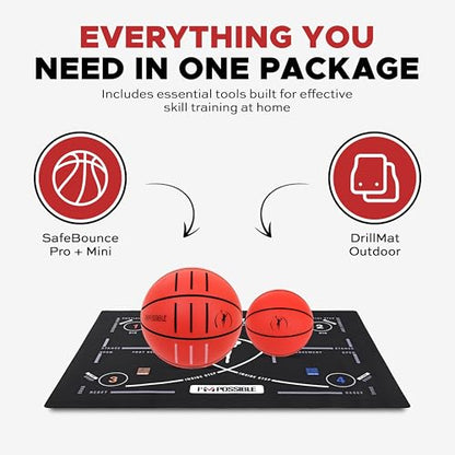 Portable Basketball Footwork Training Mat & SafeBounce System | At-Home Skill Training for Ball Handling, Footwork & Control | Includes DrillMat Outdoor, Regulation & Mini Trainer Balls