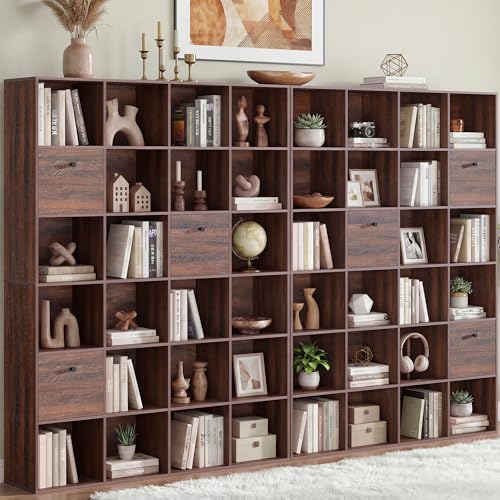 2-Pack 24 Cube Storage Rack, Walnut Wood Bookshelf with 3 Fabric Drawers, Freestanding Bookcase Set for Library Office, 6-Tier Display Shelf Bundle for Living Room Entryway Organizer, Walnut - color: Walnut, size: 24 Cube (2PC)
