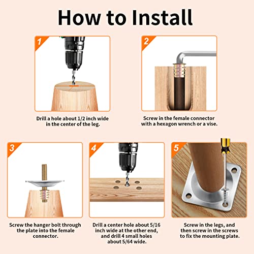 Leg Mounting Plates, 4 Sets Furniture Leg Attachment Plates, 5/16"(M8) Industrial Grade Flat Mounting T-Plates with Hanger Bolts, Screws, Strengthen Weak Furniture Repair Damaged Sofa Couch Seat - color: Sliver