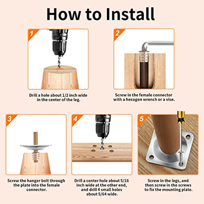 Leg Mounting Plates, 4 Sets Furniture Leg Attachment Plates, 5/16"(M8) Industrial Grade Flat Mounting T-Plates with Hanger Bolts, Screws, Strengthen Weak Furniture Repair Damaged Sofa Couch Seat - color: Sliver