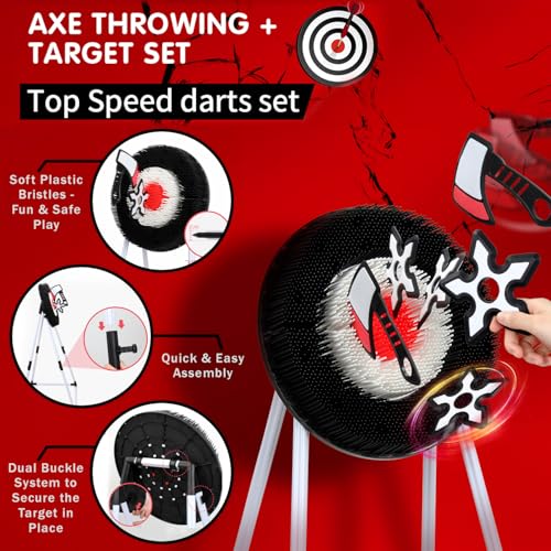 Kiddie Play Axe Throwing Game Set with Target 3 Axes and 3 Throwing Stars Indoor & Outdoor Play for Kids and Adults, Black