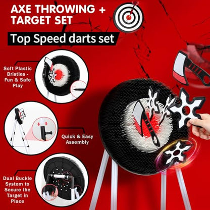 Kiddie Play Axe Throwing Game Set with Target 3 Axes and 3 Throwing Stars Indoor & Outdoor Play for Kids and Adults, Black