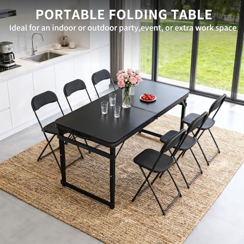 4FT x 2FT Folding Camping Table Adjustable Height with Umbrella Hole, Aluminum Alloy Legs Foldable Portable Outdoor Table for Picnic, Travel, Parties, Kids Craft, Market Vendor Use - size: 4 ft × 2 ft × 2.3 ft H, with Umbrella Hole