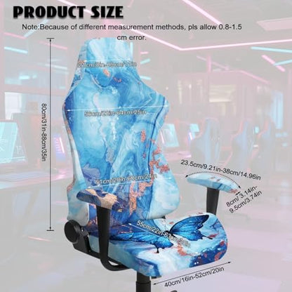 Suobstales Blue Butterfly Marble Print Gaming Chair Cover, Stretchable Computer Office Chair Cover for Armchair, Swivel Chairs, Computer Boss Chair, Removable Chair Slipcovers with Armrest Cover - color: Blue Butterfly Marble