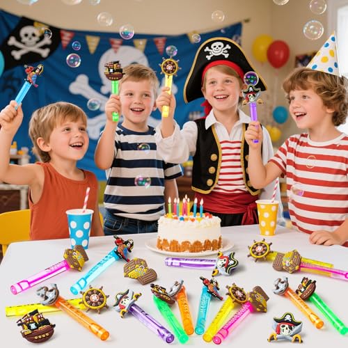 Winrayk Pirate Party Favors, 24Pcs Self-designed Mini Bubble Wands for Kids Bubbles Bulk with Detachable Topper (6 Styles & Colors), Birthday Gift Toy Pinata Filler Goodie Bag Stuffer Classroom Prizes - style: Pirate