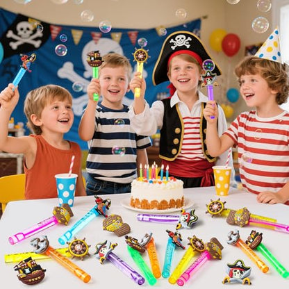Winrayk Pirate Party Favors, 24Pcs Self-designed Mini Bubble Wands for Kids Bubbles Bulk with Detachable Topper (6 Styles & Colors), Birthday Gift Toy Pinata Filler Goodie Bag Stuffer Classroom Prizes - style: Pirate